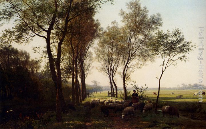 A Shepherdess And Her Flock On A Country Lane painting - Julius Jacobus Van De Sande Bakhuyzen A Shepherdess And Her Flock On A Country Lane art painting